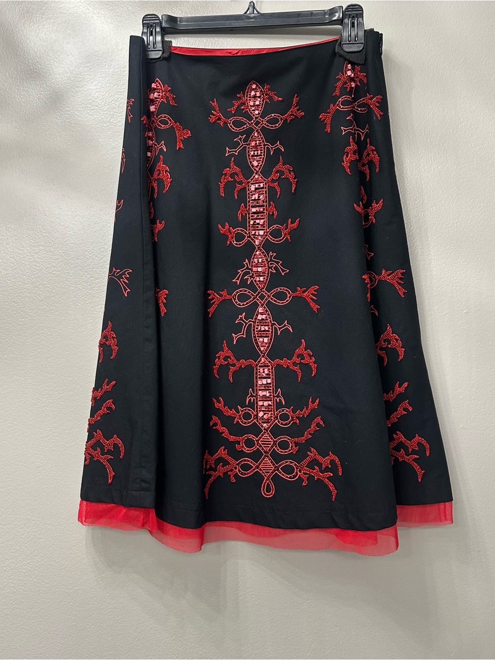 Basil and Maude Black Midi Skirt with Red Embroidery